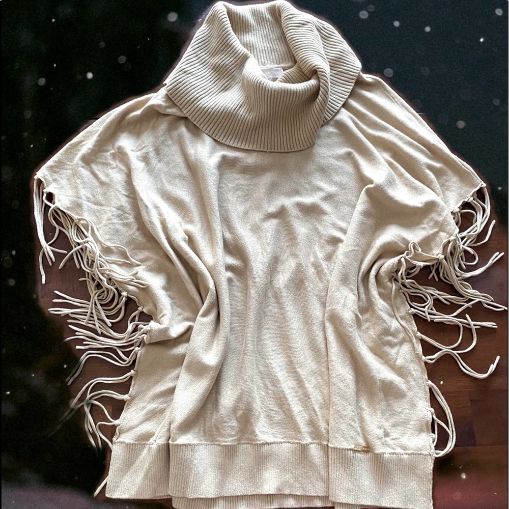 Michael Kors Camel Cowl Fringe Poncho Sweater